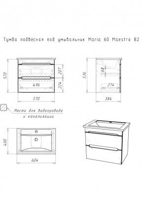 Тумба подвесная под умывальник "Maria 60" Maestro В2 Домино (DM3303T) в Елабуге - elabuga.mebel24.online | фото 2